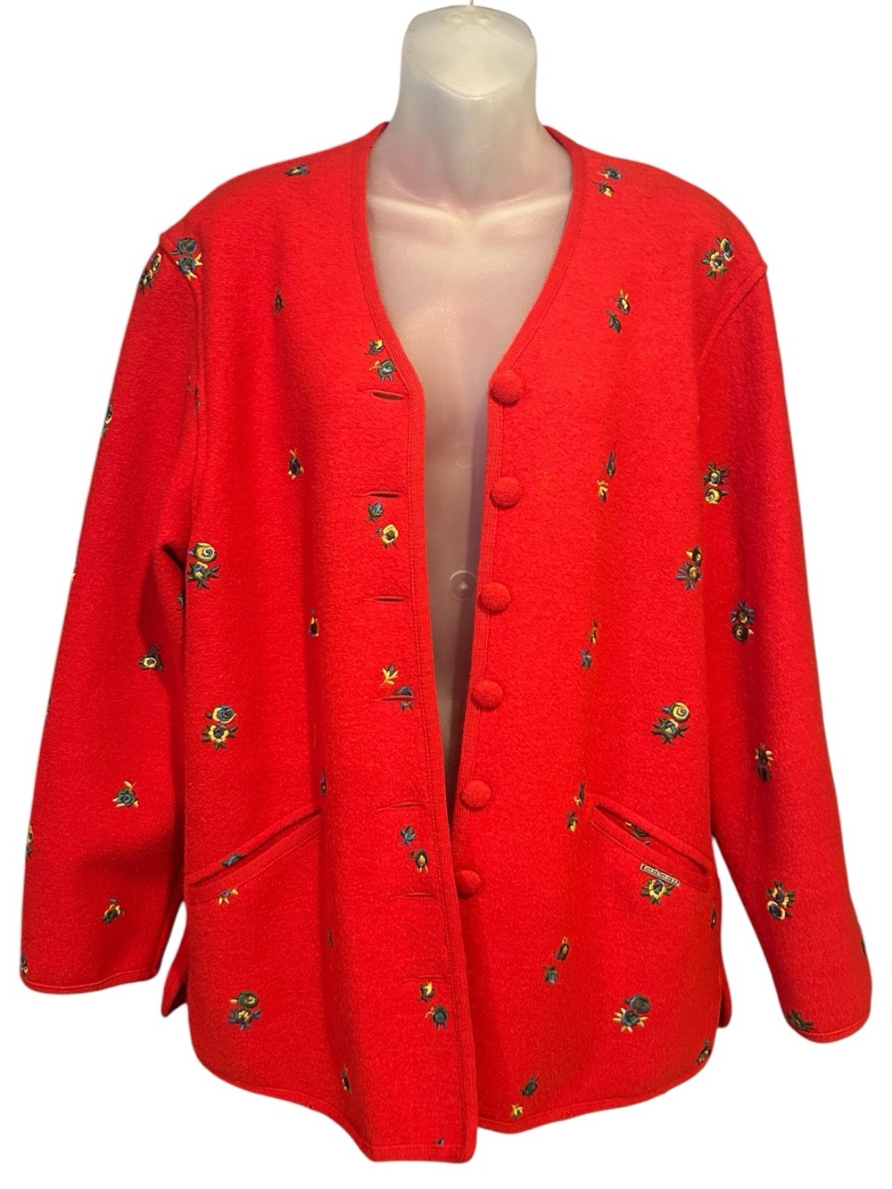 Vintage Geiger Boiled Wool Red Cardigan Button-Front Embroidered Size 36 M/L